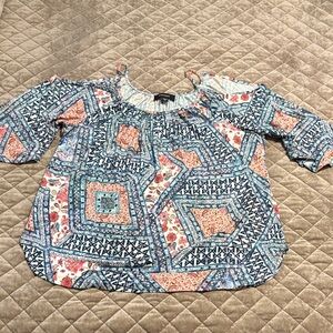 Karen Kane Women's Blouse - Blue and Orange Patchwork Design